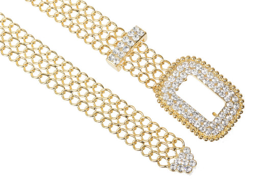 Women's Clear Rhinestone Open Rectangular Metal Chain Belt