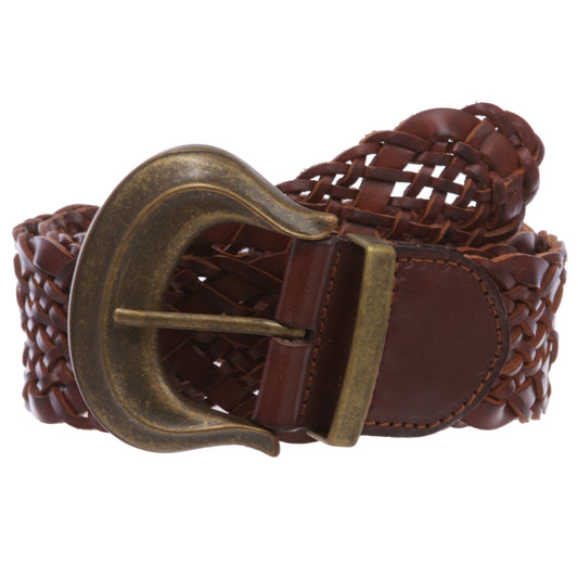 Women's 2" wide Hip High Waist Braided Woven cowhide full grain Leather Belt