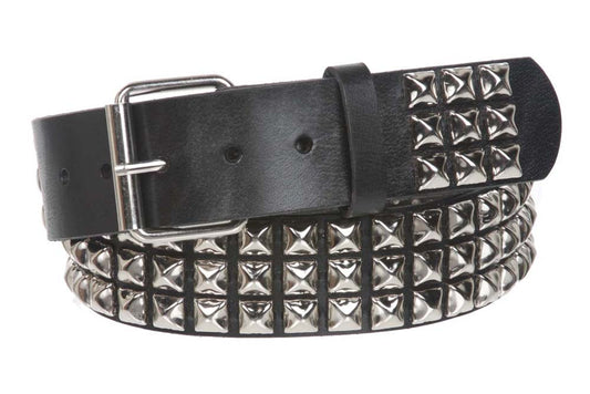 1 3/4" Snap On Three Row Punk Rock Star Metal Silver Studded Solid Leather Belt