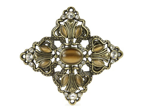 Tea Color Cat Eye Stone Flower Rhinestone Brass Belt Buckle