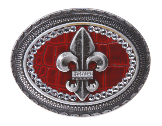 Oval Rhinestone Fleur De Lis with Croco Leather Top Belt Buckle