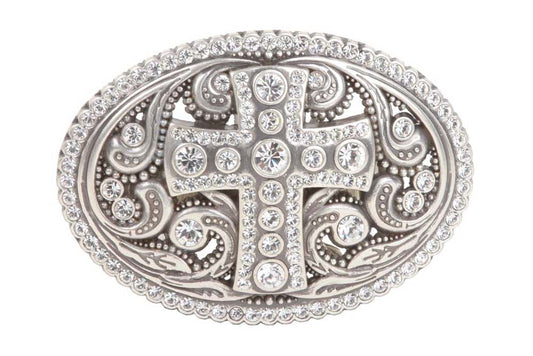 Perforated Oval Rhinestone Religious Cross & Flower Engraving Belt Buckle