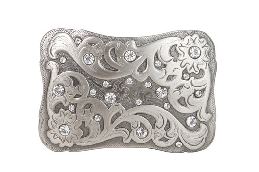 Rectangular Engraving Rhinestone Flower Belt Buckle