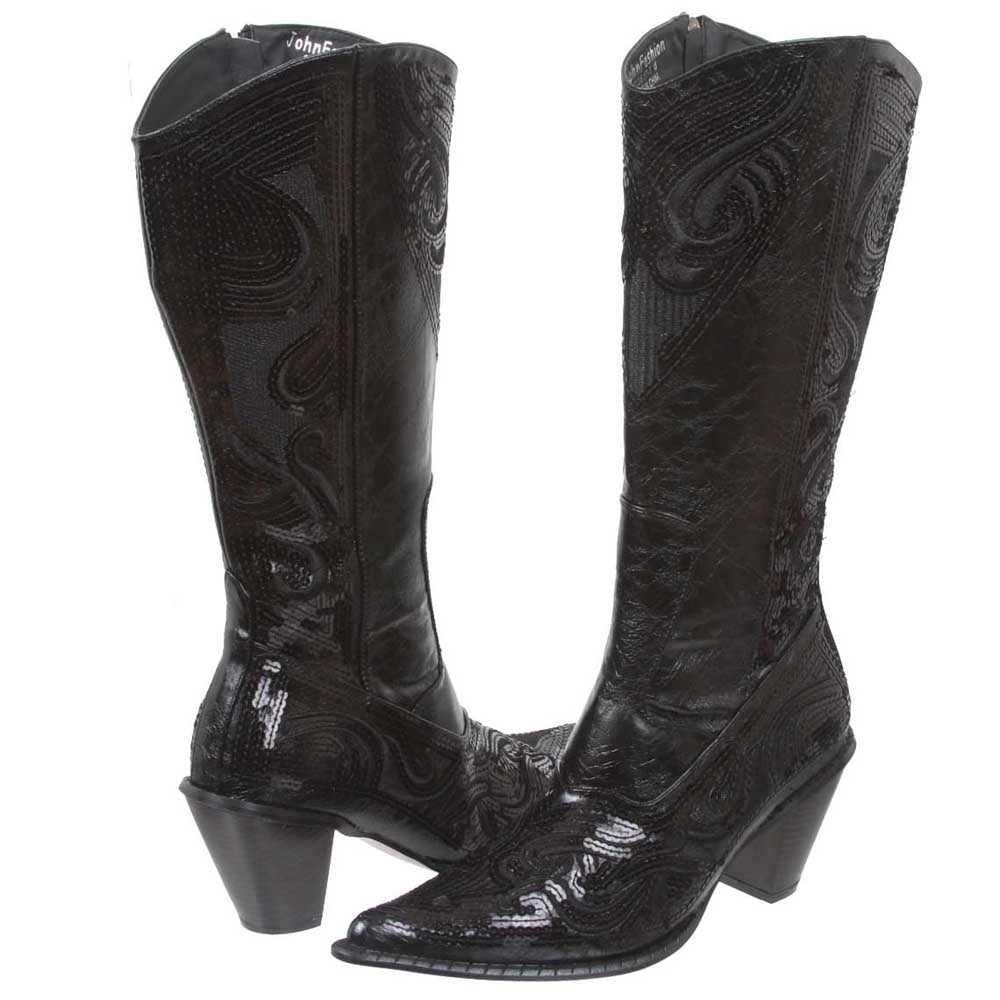 JOHN FASHION Western Mid-calf Sequin Beaded Embroidered Cowgirl Boots