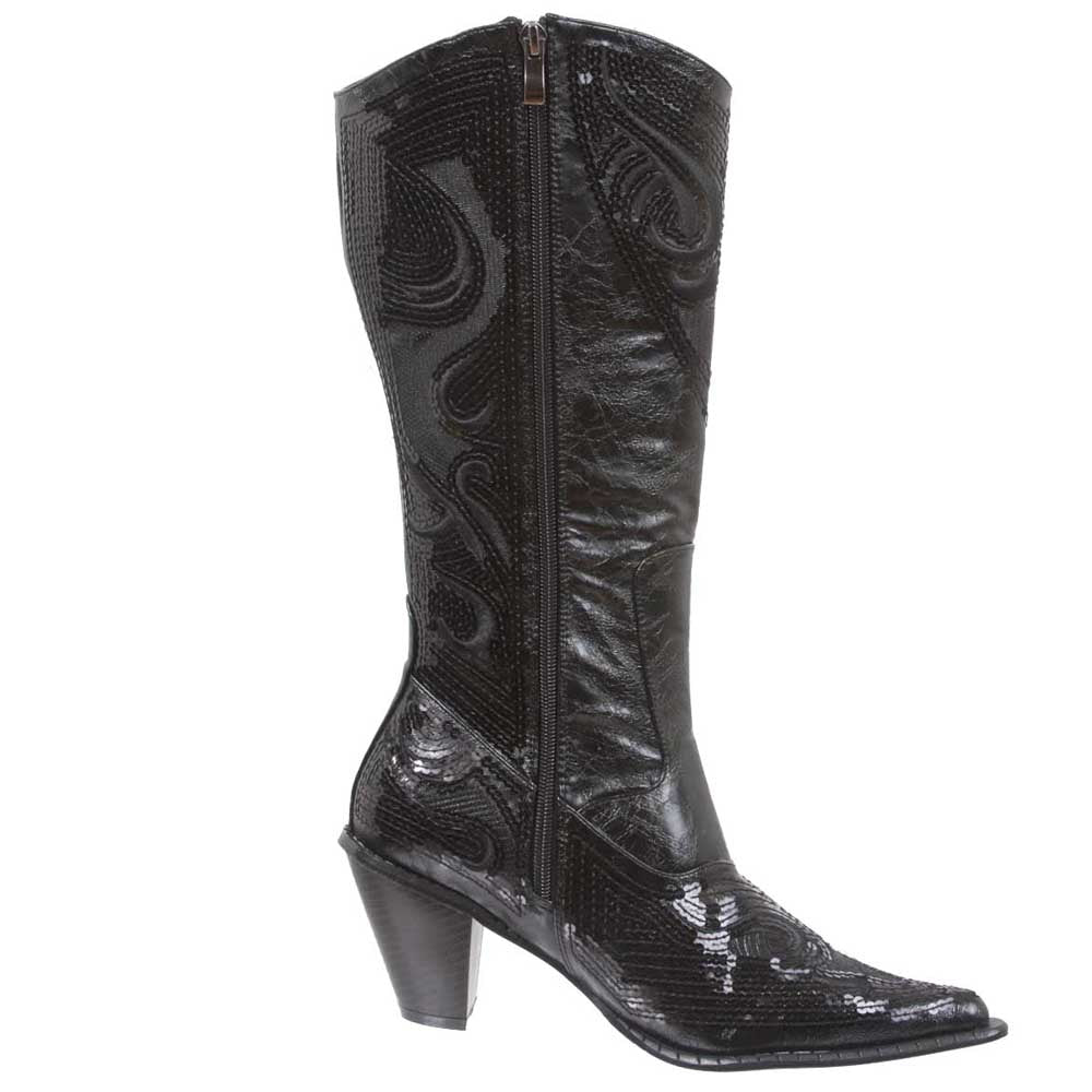 JOHN FASHION Western Mid-calf Sequin Beaded Embroidered Cowgirl Boots