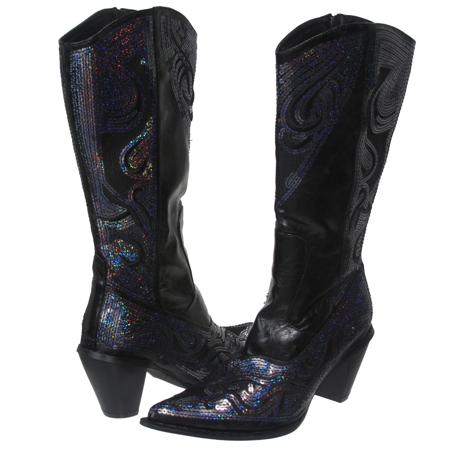 JOHN FASHION Western Mid-calf Sequin Beaded Embroidered Cowgirl Boots