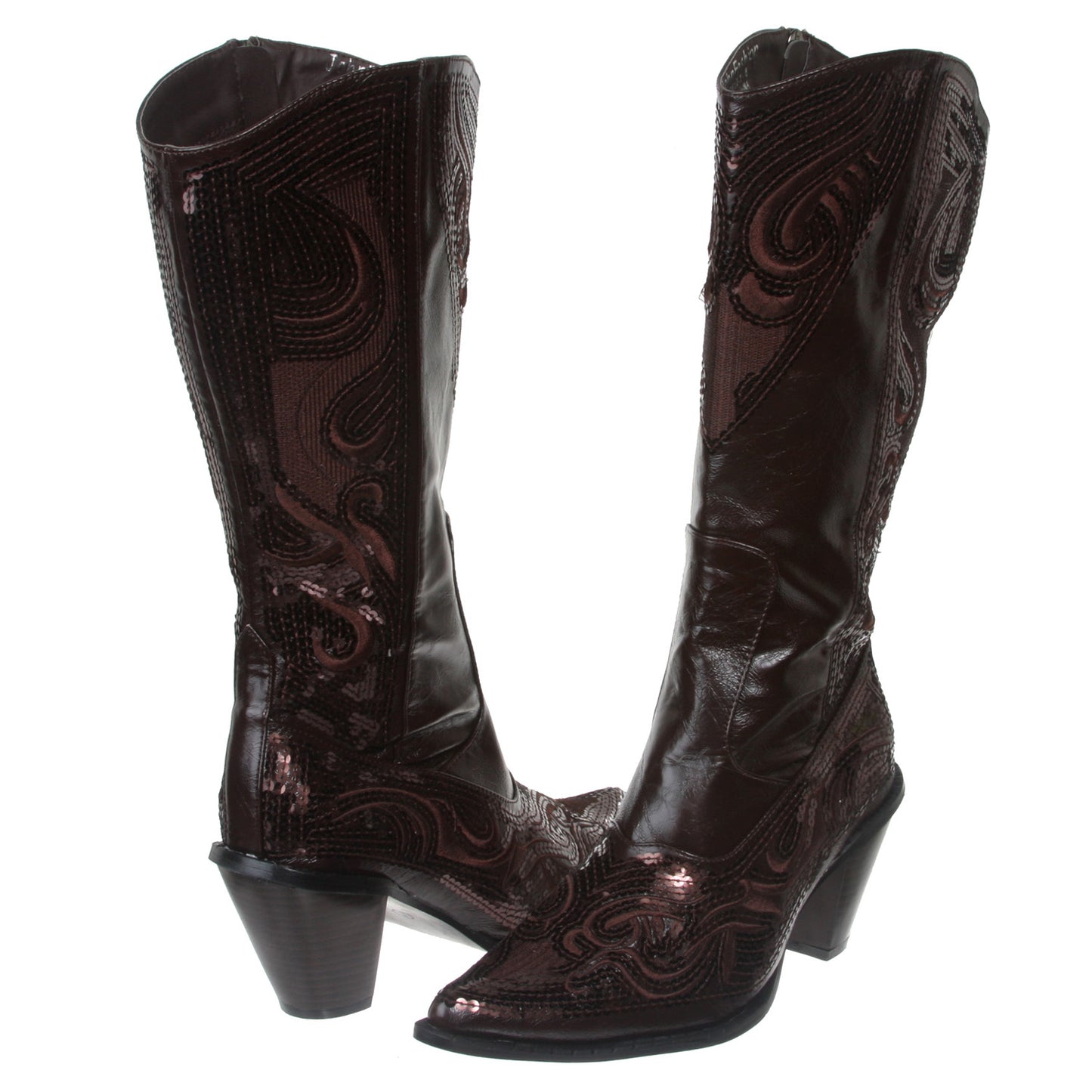 JOHN FASHION Western Mid-calf Sequin Beaded Embroidered Cowgirl Boots