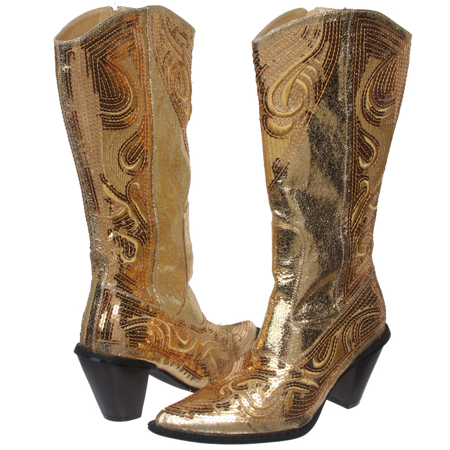 JOHN FASHION Western Mid-calf Sequin Beaded Embroidered Cowgirl Boots