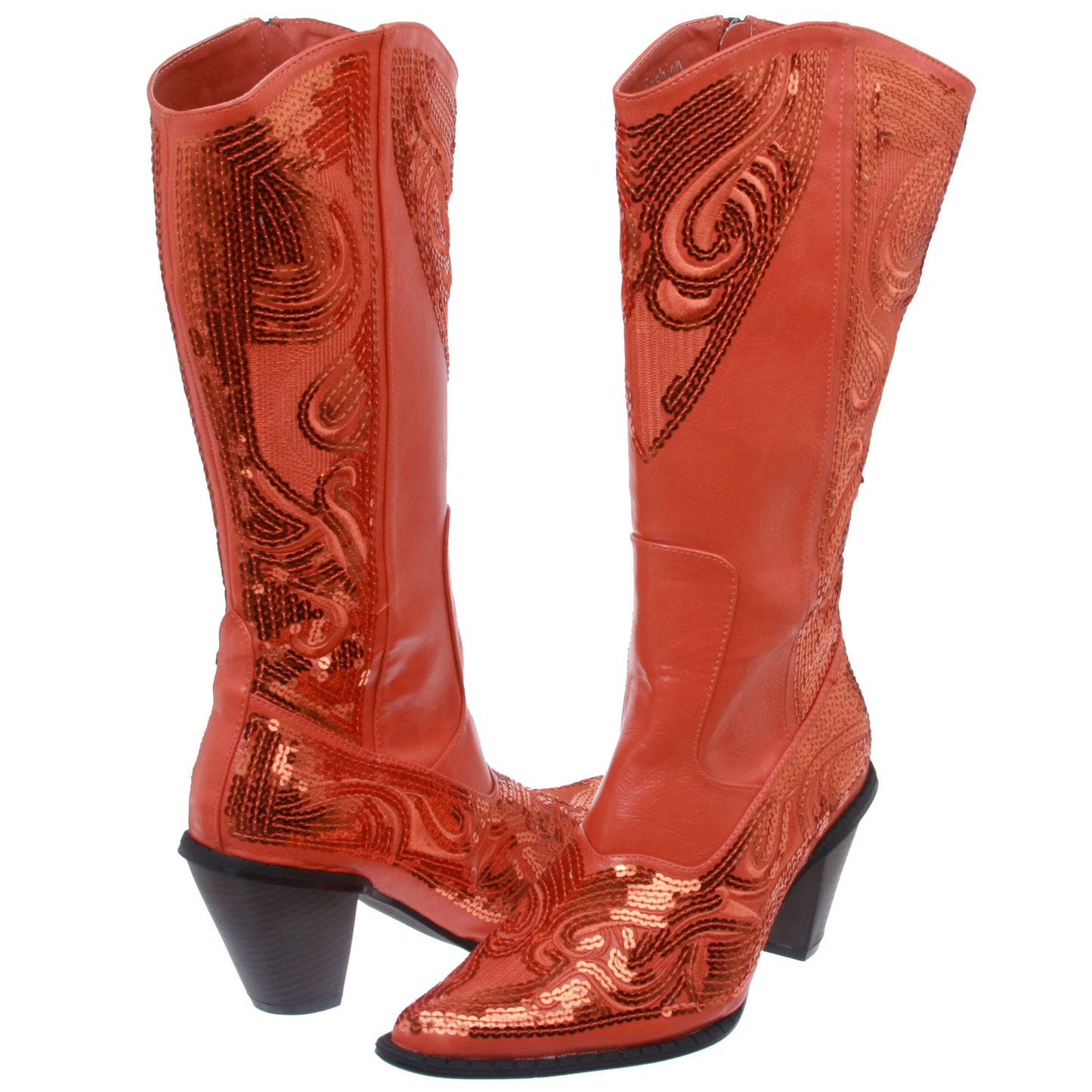 JOHN FASHION Western Mid-calf Sequin Beaded Embroidered Cowgirl Boots