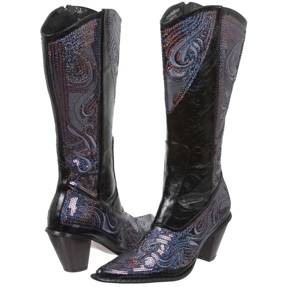 JOHN FASHION Western Mid-calf Sequin Beaded Embroidered Cowgirl Boots