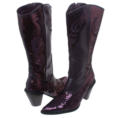 JOHN FASHION Western Mid-calf Sequin Beaded Embroidered Cowgirl Boots