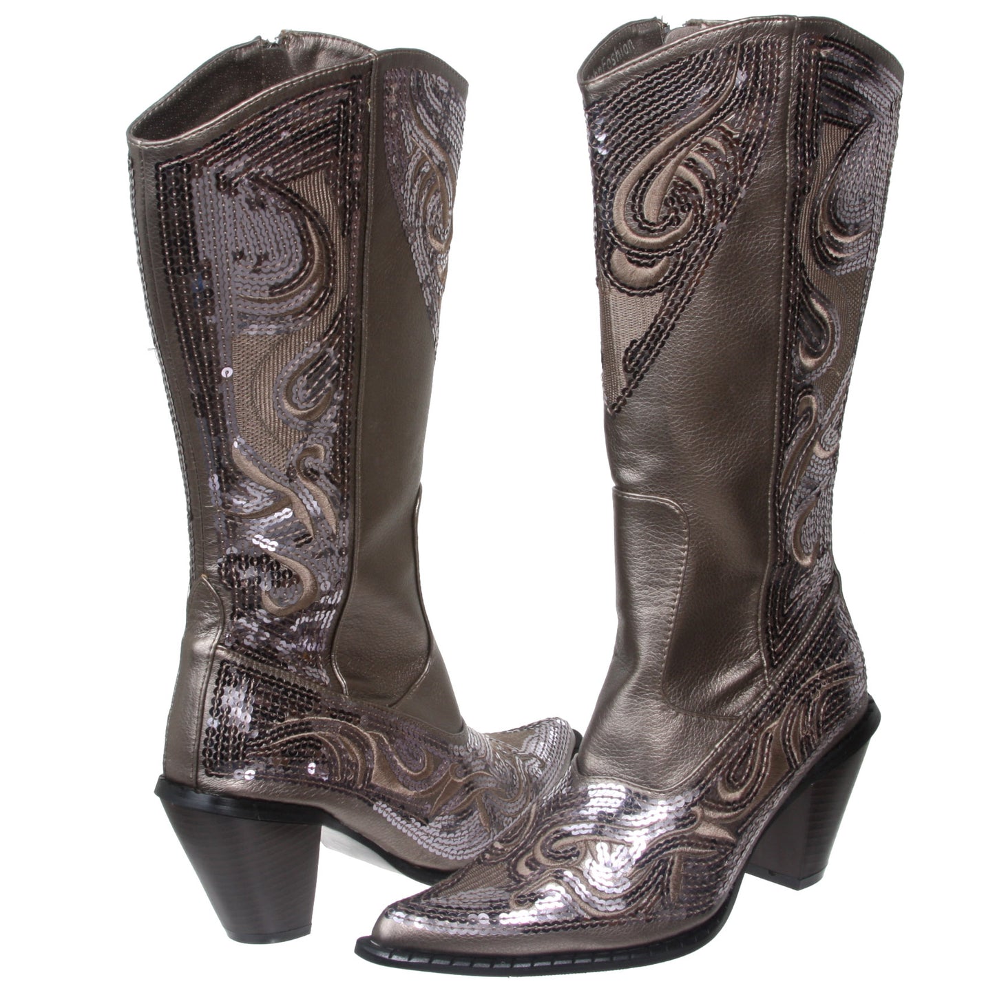 JOHN FASHION Western Mid-calf Sequin Beaded Embroidered Cowgirl Boots