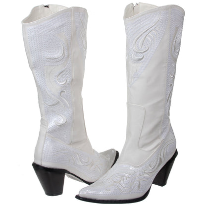 JOHN FASHION Western Mid-calf Sequin Beaded Embroidered Cowgirl Boots