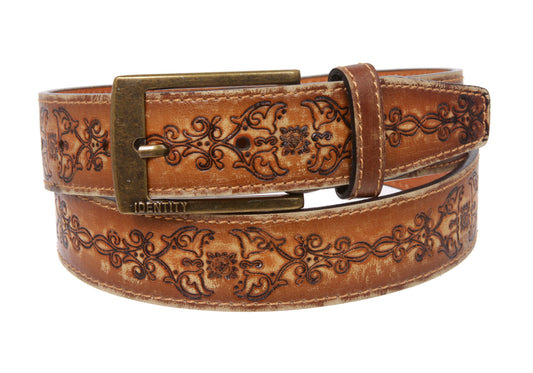 1 5/16'' Floral Embossed Stitching Vintage Leather Belt