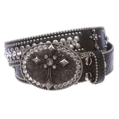 1 1/2" Snap On Western Rhinestone Cross Studded Alligator Leather Belt