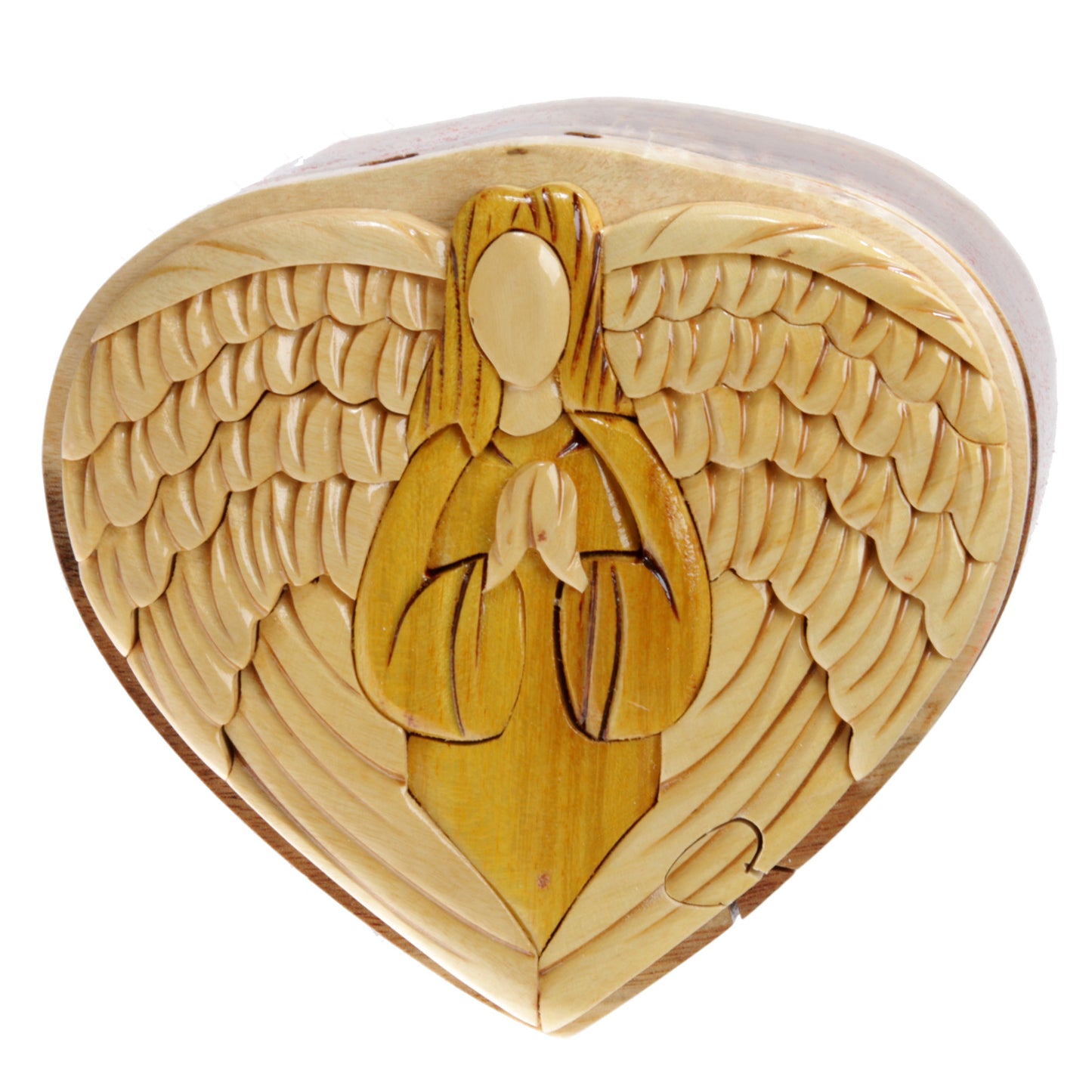 Handcrafted Wooden Heart/Art Shape Secret Jewelry Puzzle Box - Virgin Mary