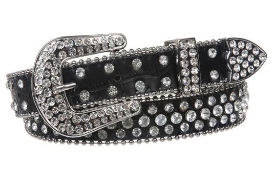 Womens 1" Snap On Western Cowgirl Faux Alligator Rhinestone Studded Leather Belt