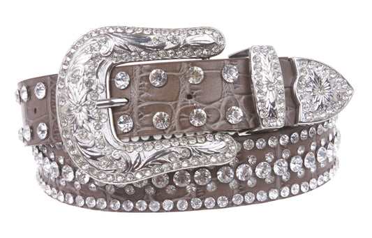 Snap On Western Faux Crocodile Print Rhinestone Leather Belt