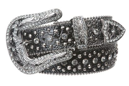 Women Western Cowgirl Faux Alligator Rhinestone Studded Leather Belt