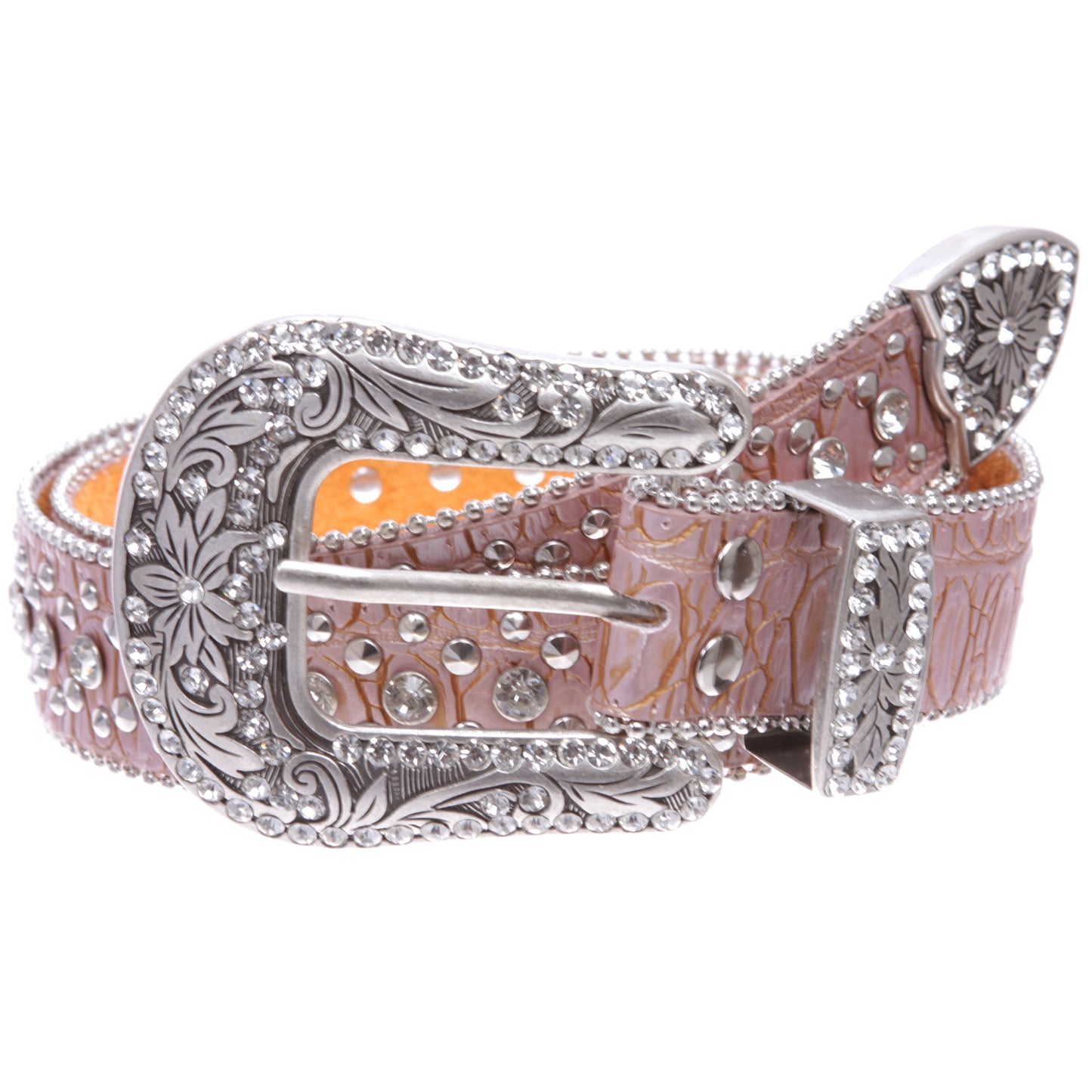 Western Cowgirl Faux Alligator Rhinestone Studded Leather Belt in Pink color