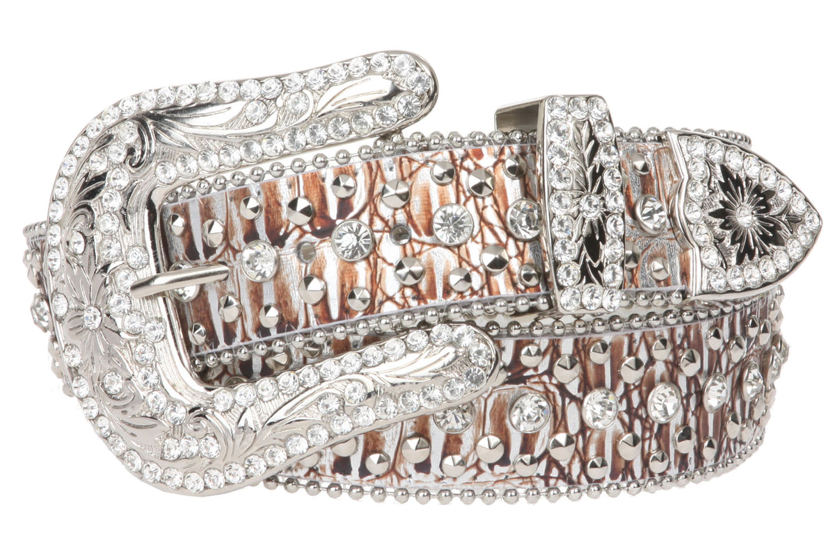 6418 Western Cowgirl Faux Alligator Rhinestone Studded Leather Belt, White White Leather Women Western Fashion Belt W/ Cross Logo Bling  main image 3