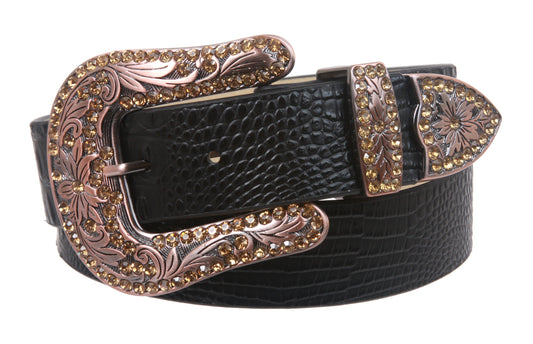 Snap On Western Faux Crocodile Print Rhinestone Leather Belt