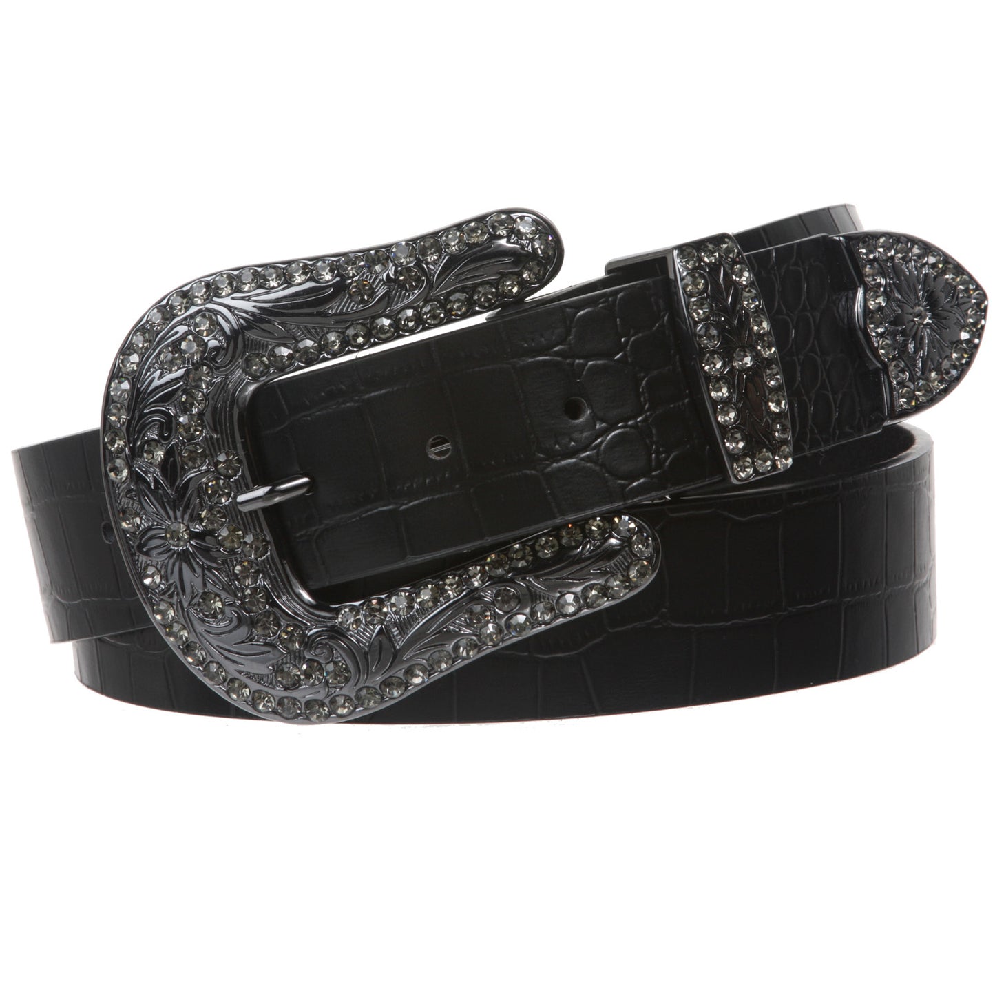 Snap On Western Crocodile Print Rhinestone Leather Belt