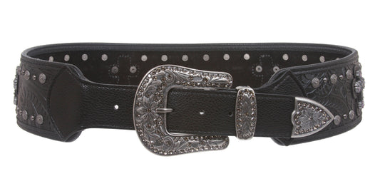 Womens 2 3/4'' Wide Western High Waist Rhinestone Cross Ornaments Contour Belt