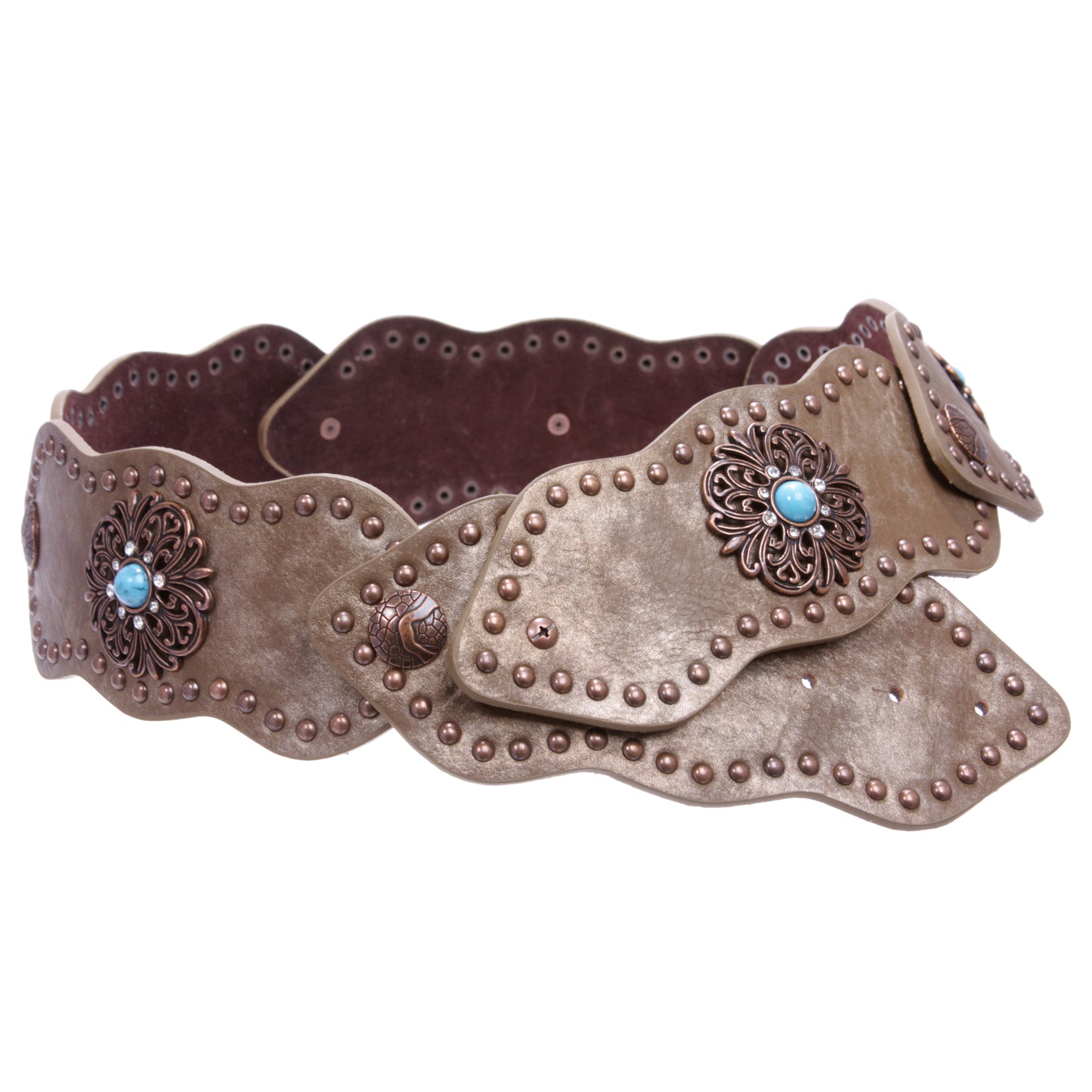 Women's 3" (75mm) Wide Boho Link Turquoise Silver Studded Leather Belt