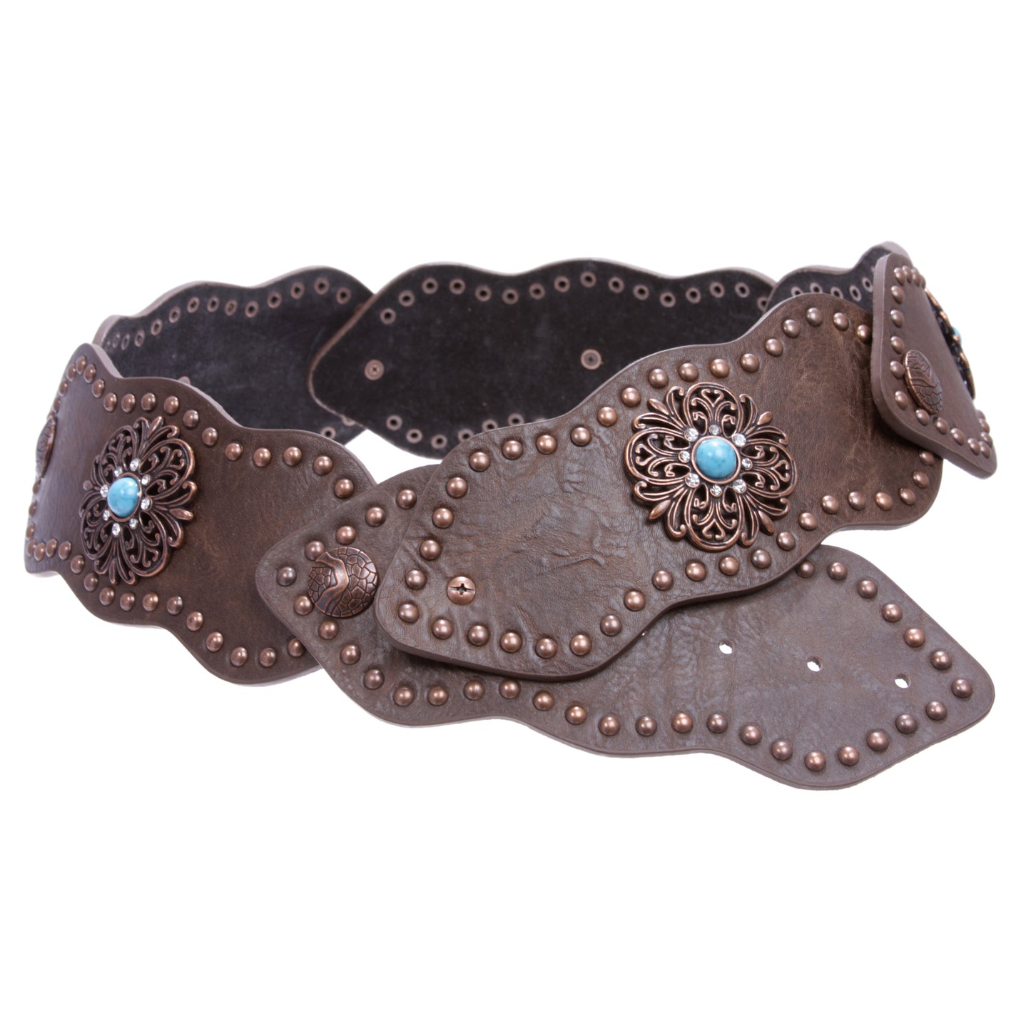 Women's 3" (75mm) Wide Boho Link Turquoise Silver Studded Leather Belt