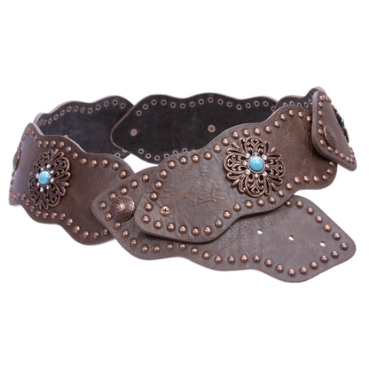 Women's 3" (75mm) Wide Boho Link Turquoise Silver Studded Leather Belt