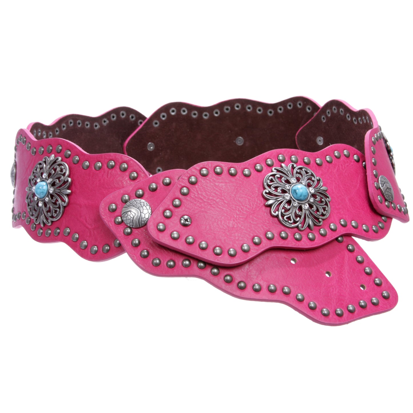 Women's 3" (75mm) Wide Boho Link Turquoise Silver Studded Leather Belt