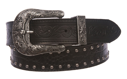 Snap On Western Crocodile Print Stitching-Edged Studded Leather Belt