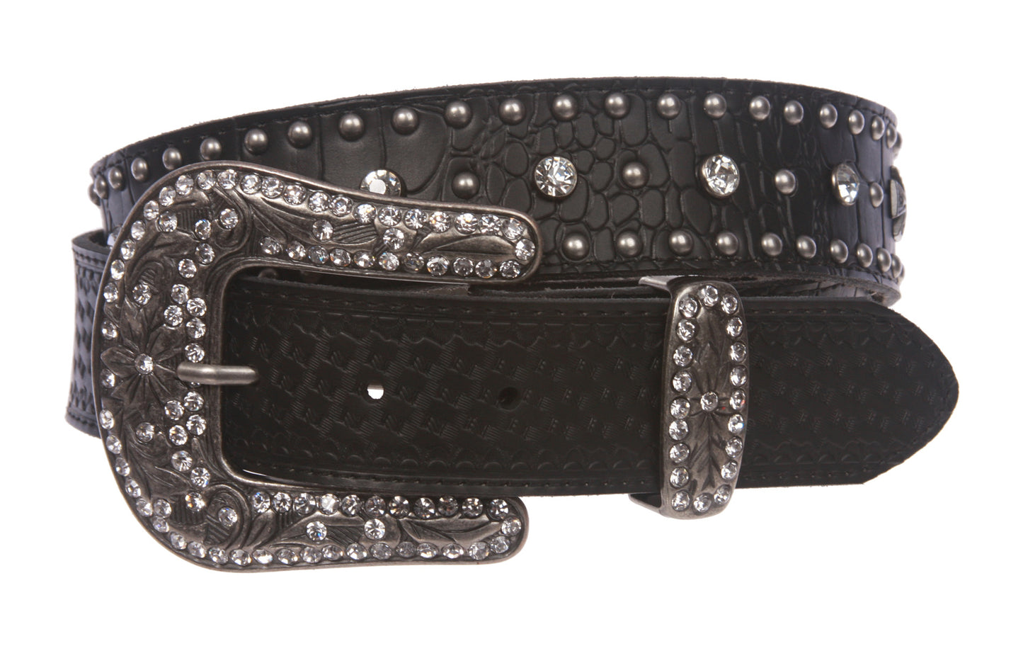 Snap On Western Faux Crocodile Embossed Cross Rhinestone Studded Leather Belt