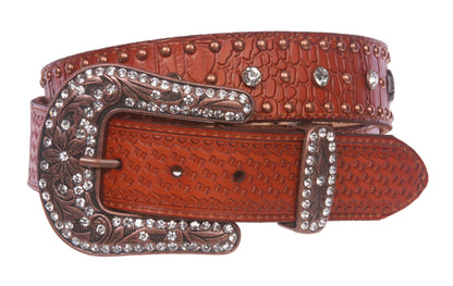 Snap On Western Faux Crocodile Embossed Cross Rhinestone Studded Leather Belt