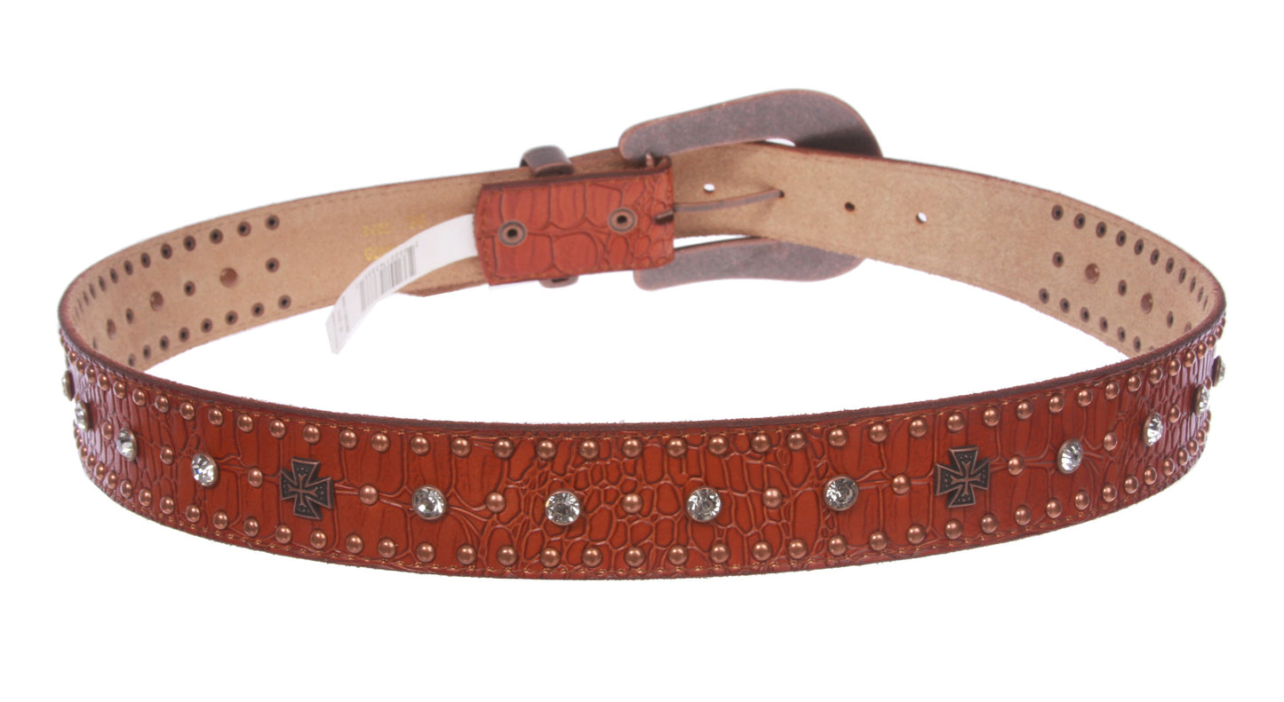 Snap On Western Faux Crocodile Embossed Cross Rhinestone Studded Leather Belt