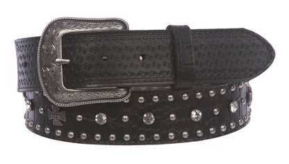 Western Faux Crocodile Print Embossed Cross Rhinestone Studded Leather Belt