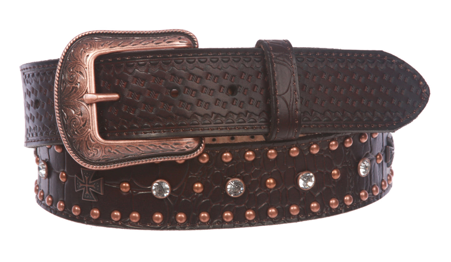 Western Faux Crocodile Print Embossed Cross Rhinestone Studded Leather Belt