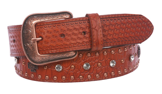 Western Faux Crocodile Print Embossed Cross Rhinestone Studded Leather Belt