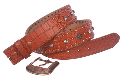 Western Faux Crocodile Print Embossed Cross Rhinestone Studded Leather Belt