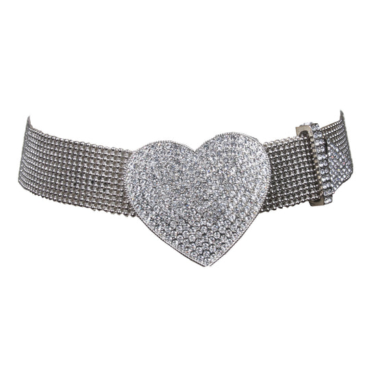 Ladies 1 1/2" Clear Rhinestone Heart Metal Ball Chain Belt