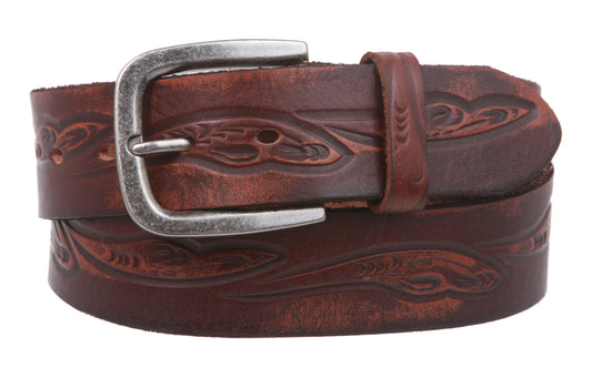 Snap On Floral Embossed Cowhide Full Grain Leather Casual Belt