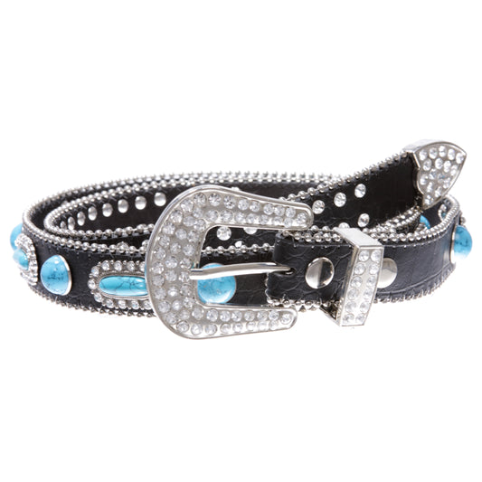 Skinny Western Rhinestone Turquoise Concho Leather Belt