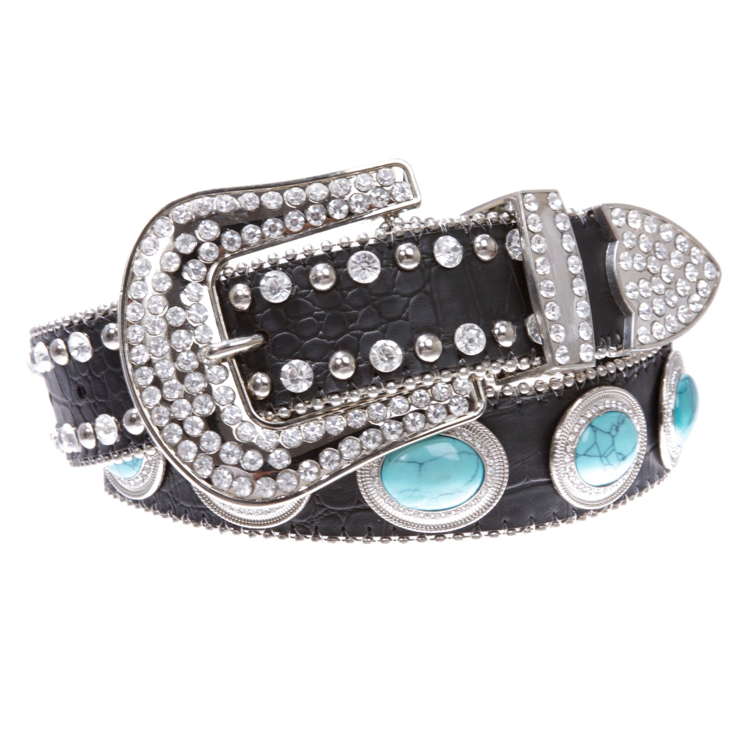 Western Rhinestone Oval Turquoise Concho Leather Belt