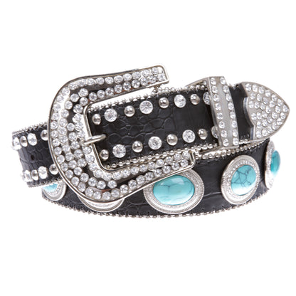 Western Rhinestone Oval Turquoise Concho Leather Belt