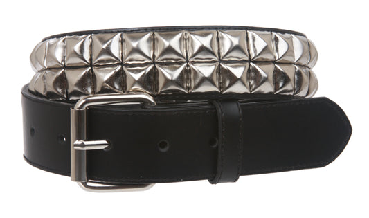 Snap On Two Row Punk Rock Star Metal Silver Studded Leather Belt