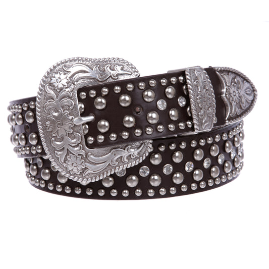 Rhinestone Studded Leather Belt Western Rhinestone Buckle