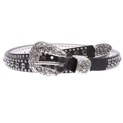 Women's 3/4" Skinny Rhinestone Studded Leather Belt