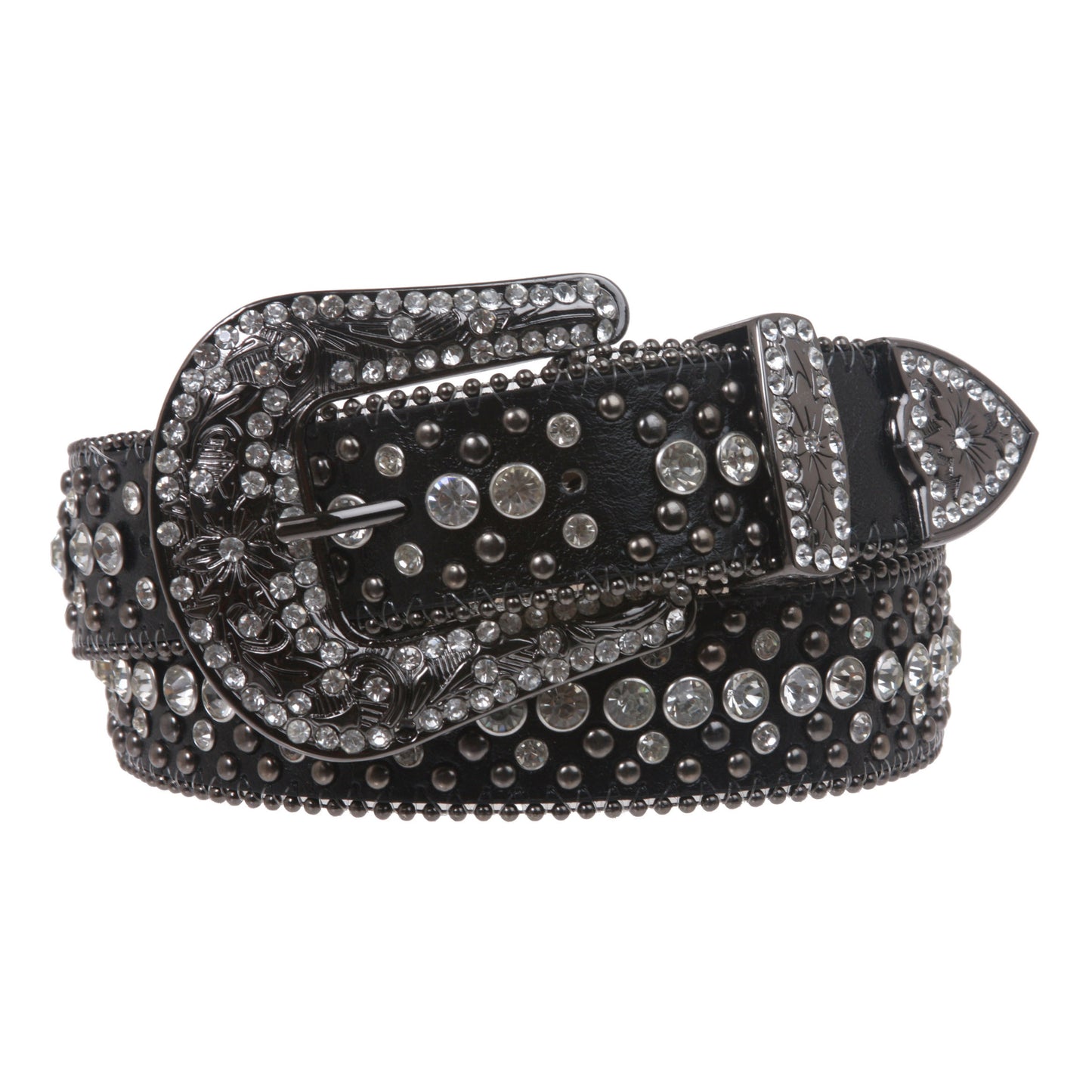 Snap On Rhinestone and Gun Metal Color Circle Studded Leather Belt