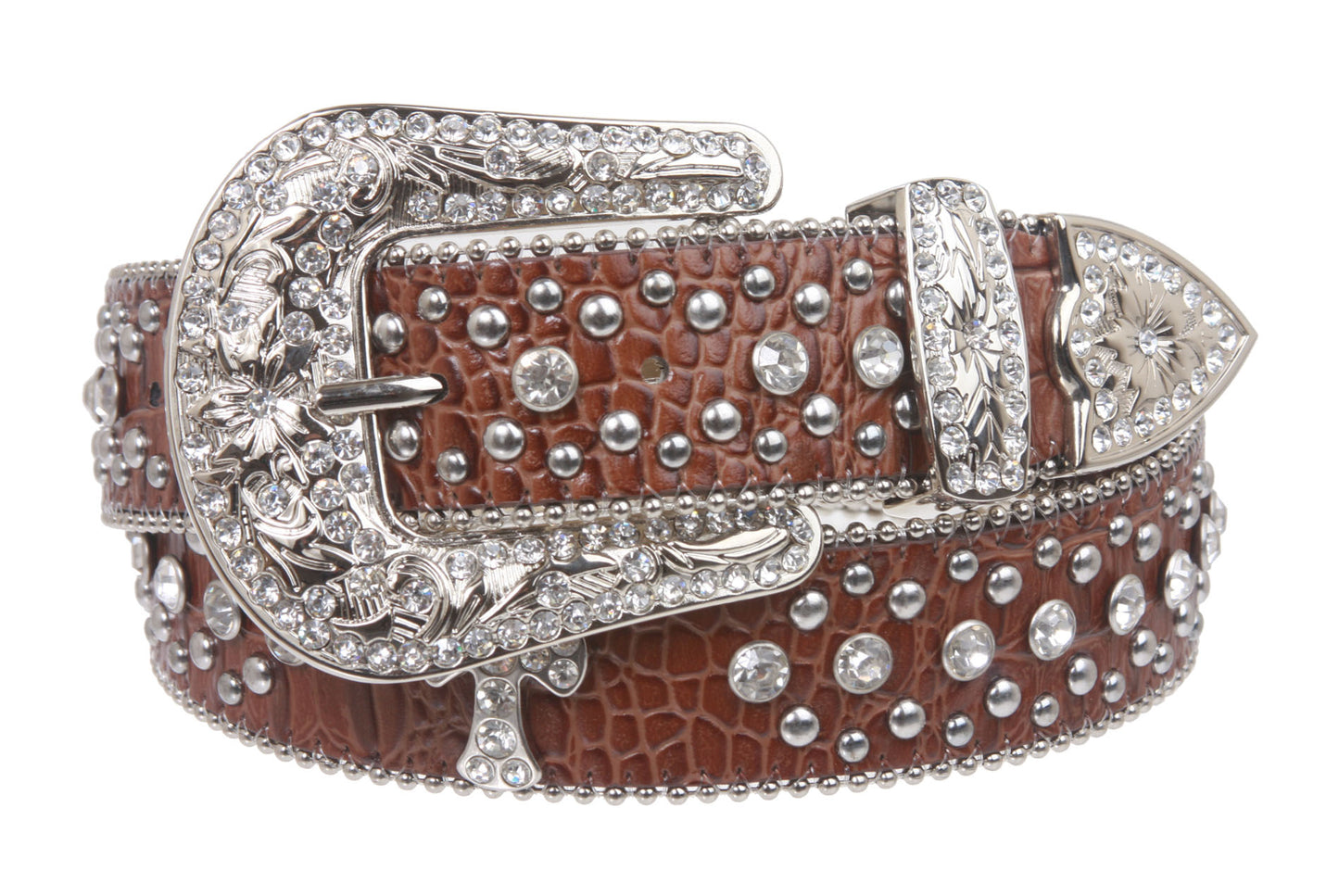 1 1/2" Snap On Western Rhinestone Cross Studded Faux Alligator Leather Belt